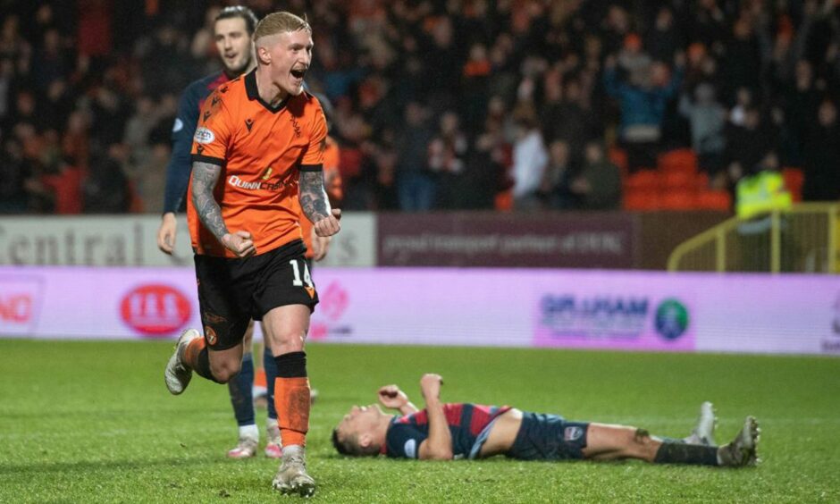 Craig Sibbald celebrates his first Dundee United goal at Tannadice