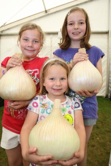 Abby Taylor, Eve Taylor and Anna Taylor with some giant onions in 2010.