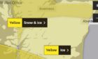 A yellow weather warning remains in place for parts of Tayside and Fife. Image: Met Office.