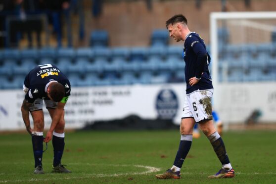 Frustrated Dundee players at full-time against Inverness. Image: David Young/Shutterstock.
