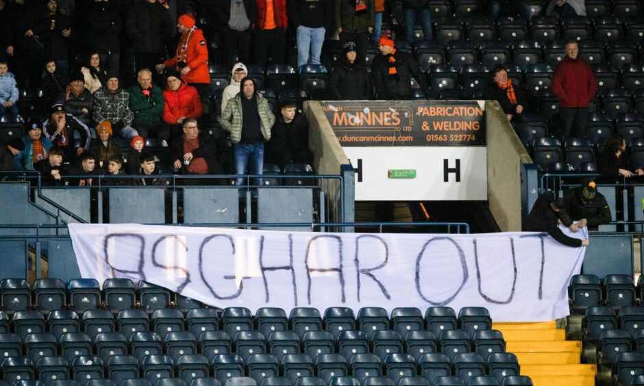 The Asghar out banner unveiled at Rugby Park.