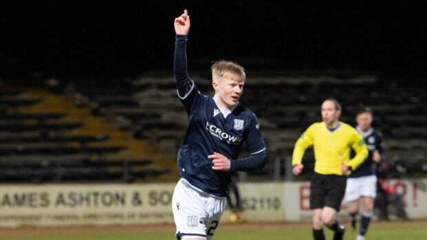 Lyall Cameron celebrates after putting Dundee ahead against Raith Rovers. Image: SNS.