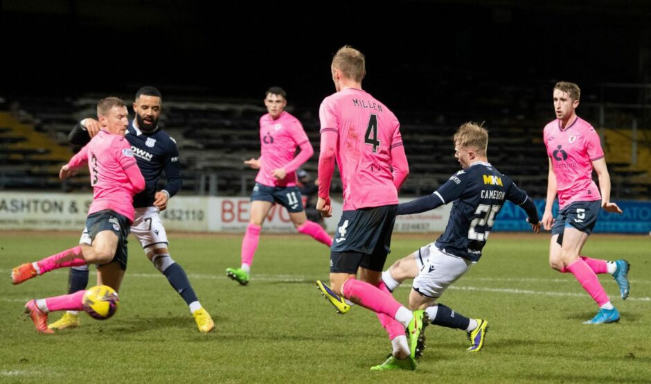 Dundee FC and Raith Rovers players in action on the pitch.
