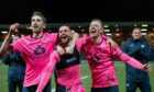 Raith Rovers' Dylan Easton (centre) celebrates with Ryan Nolan (left) and Ross Millen after their semi-final win over Dundee. Image: SNS.