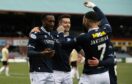 Zach Robinson and Alex Jakubiak celebrate as Dundee defeated Cove Rangers. Image: SNS.