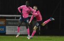 Akio celebrates his equaliser against Queen's Park with Liam Dick. Image: SNS.