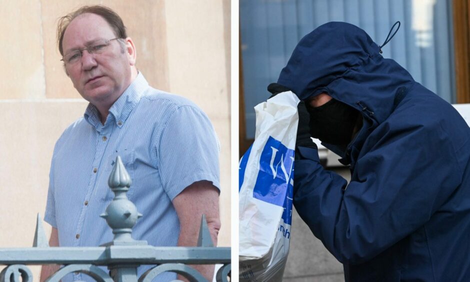 Duncan Trueland, left, in 2013 and, right, outside Aberdeen Sheriff Court last month.