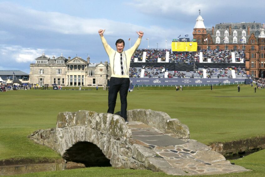 Faldo standing on the Swilcan Bridge during his last Open appearance in 2015