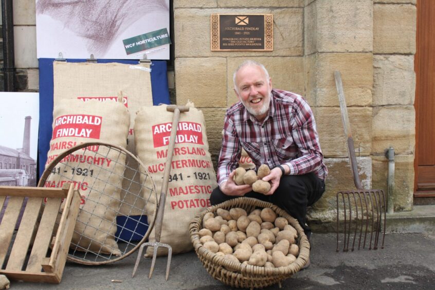 John Marshall picture beside bags of tatties in Auchtermuchty. He will be speaking at Sustainable Kirriemuir tattie day.