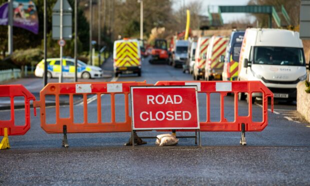 Several roads around Carnoustie have been sealed off as repairs to a gas leak are carried out. Image: Kim Cessford/DC Thomson.