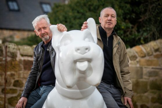 David and Robert Mach with an original Scottie sculpture at Fraser Gallery in St Andrews. Image: Kim Cessford/DC Thomson