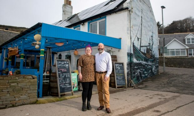 Jonney Gardner and Malin Tangnaes at thir Harbour Bar in Gourdon. Image: Kath Flannery/DC Thomson