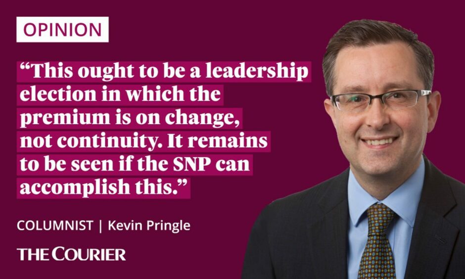 The writer Kevin Pringle next to a quote: "this ought to be a leadership election in which the premium is on change, not continuity. It remains to be seen if the SNP can accomplish this."