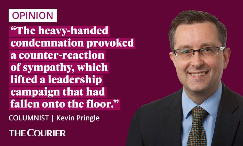 The writer Kevin Pringle next to a quote: "The heavy-handed condemnation provoked a counter-reaction of sympathy, which lifted a leadership campaign that had fallen onto the floor."