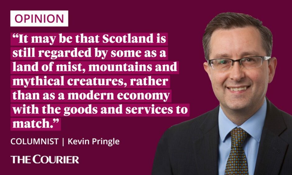 the writer Kevin Pringle next to a quote: "It may be that Scotland is still regarded by some as a land of mist, mountains and mythical creatures, rather than as a modern economy with the goods and services to match."
