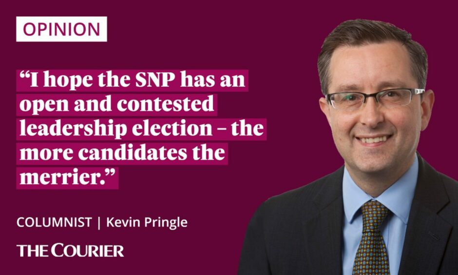 The writer Kevin Pringle next to a quote: "I hope the SNP has an open and contested leadership election – the more candidates the merrier."