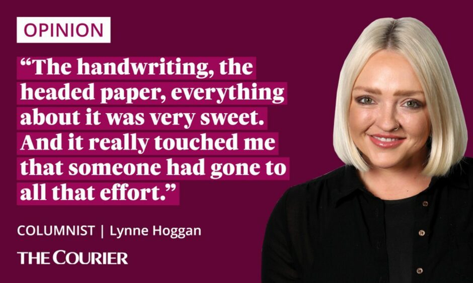 The writer Lynne Hoggan next to a quote: "The handwriting, the headed paper, everything about it was very sweet. And it really touched me that someone had gone to all that effort."