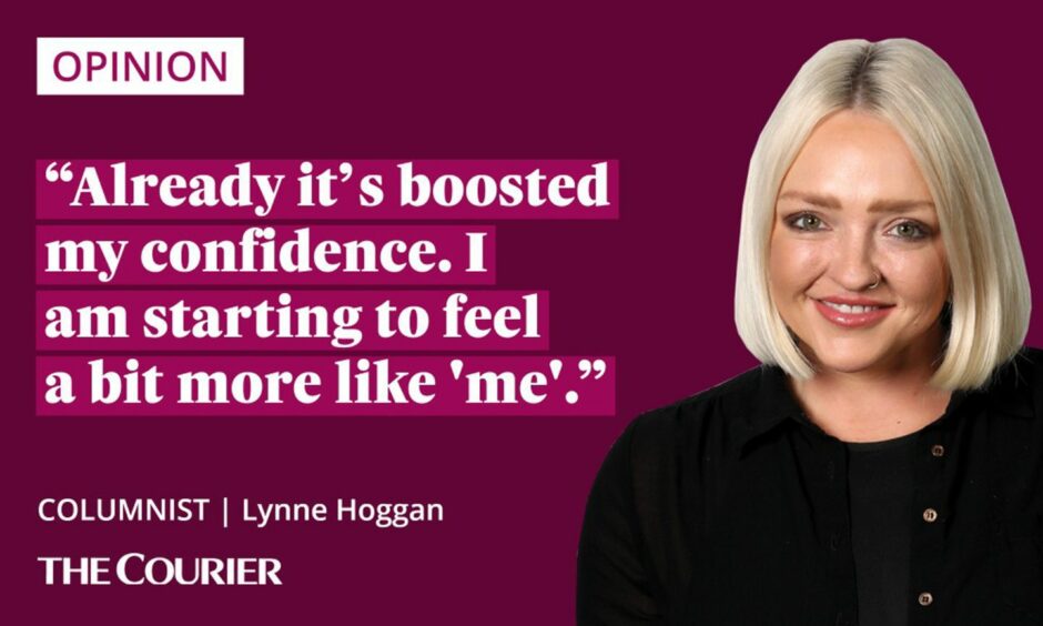 The writer Lynne Hoggan next to a quote: "already it's boosted my confidence. I am starting to feel a bit more like 'me'."