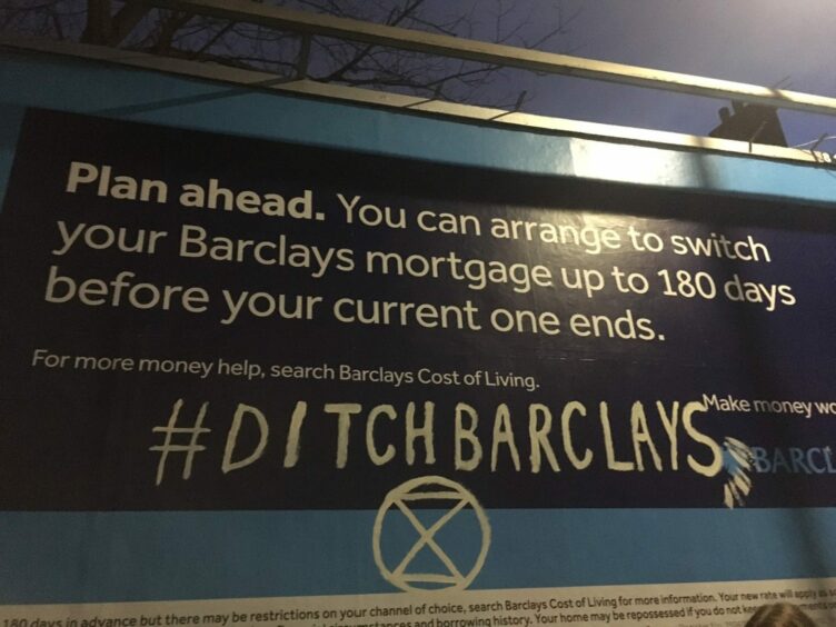 Dundee protesters also left messages on the Barclays posters in Dundee.