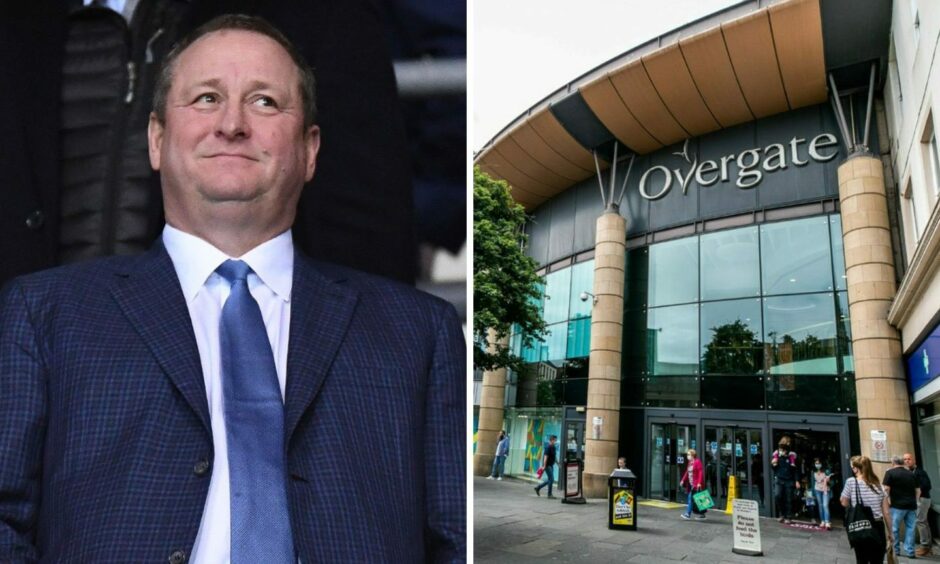 Split image. Businessman Mike Ashley on one side, exterior of the Overgate shopping centre in Dundee on the other side.