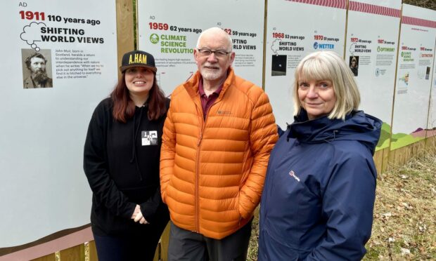 Pictured at the Millhaugh site are, from left, Alyth Development Trust vice chair Laura Rodger, Cateran Ecomuseum director Bob Ellis and its founding director Clare Cooper. Image: supplied/Steve Taylor