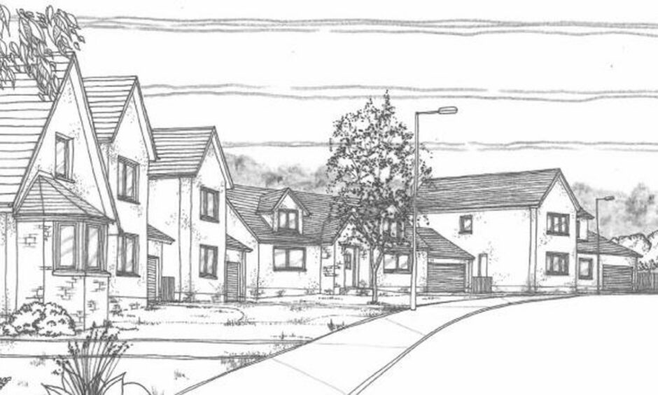 Artist drawing of a modern residential street with attractive two storey houses, gardens and trees