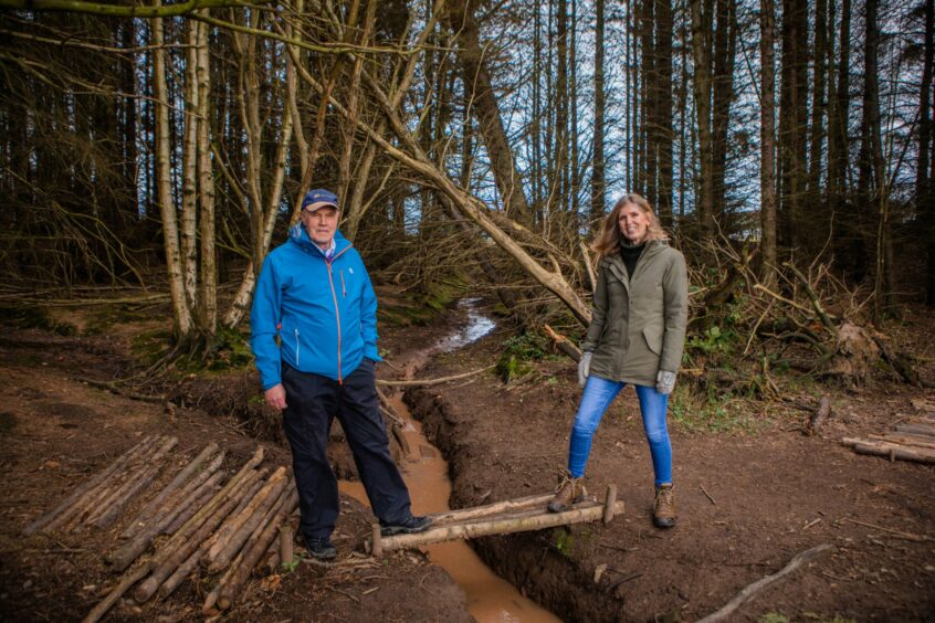Image shows a man and a woman in Scone woodland. They stand on a small wooden bridge built over a burn.