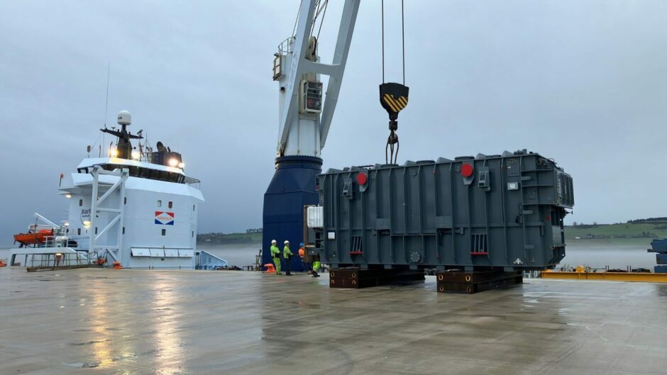 The giant transformer being offloaded at Dundee dock