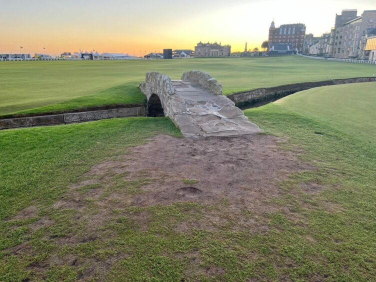 Damage to the immediate area around Swilcan Bridge in October 2022. Image: St Andrews Links Trust. 