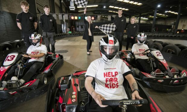 Gearing up for track action at ScotKart Dundee for Help for Kids. Image: Alan Richardson Pix-AR.co.uk.