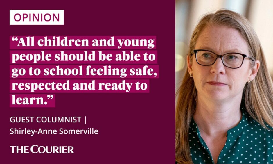 The writer Shirley-ANne Somerville next to a quote: "All children and young people should be able to go to school feeling safe, respected and ready to learn."