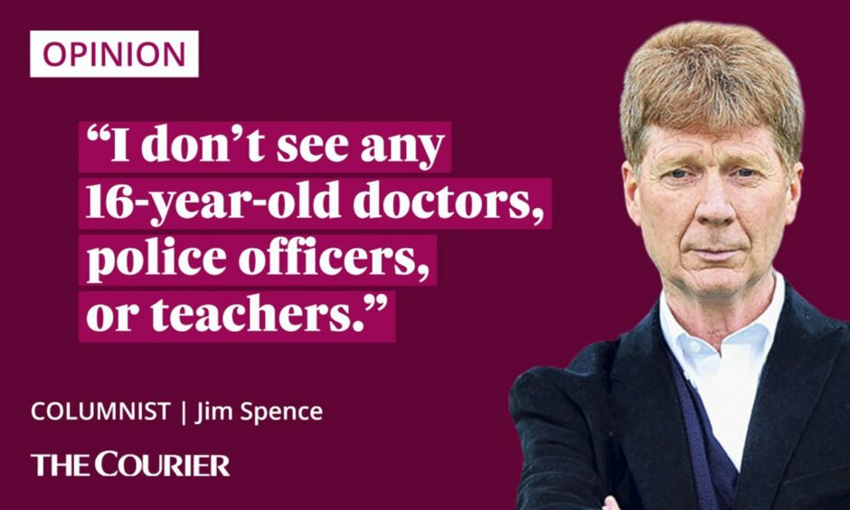 The writer Jim Spence next to a quote: "I don’t see any 16-year-old doctors, police officers, or teachers."