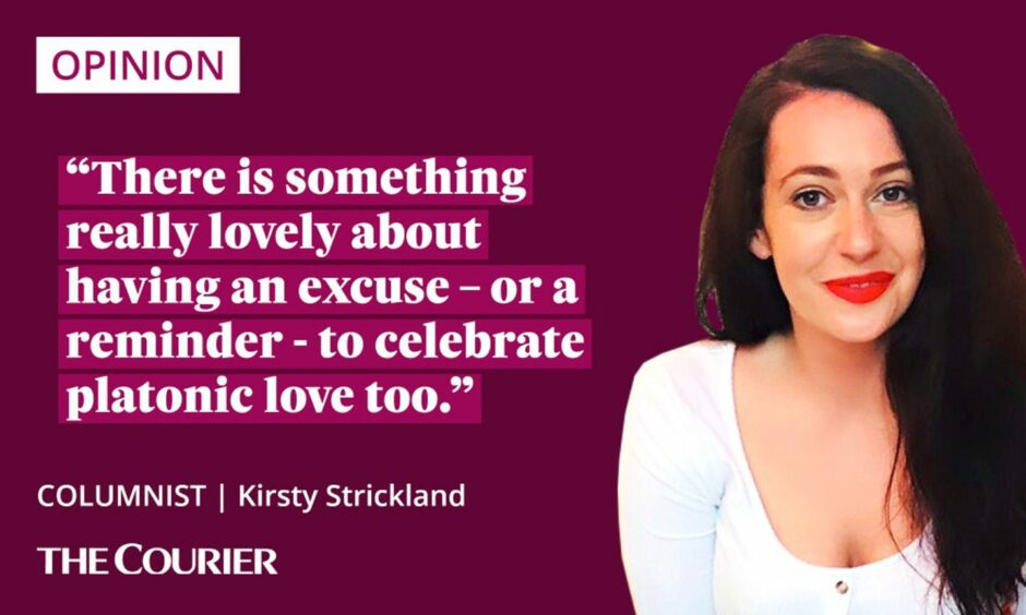 The writer Kirsty Strickland next to a quote: "There is something really lovely about having an excuse - or a reminder - to celebrate platonic love too."