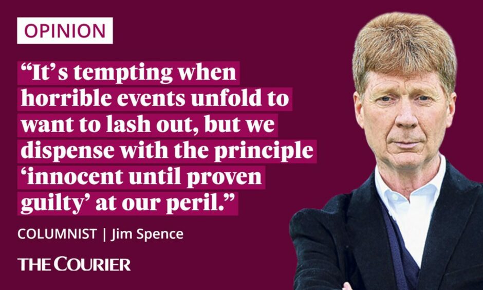 The writer Jim Spence next to a quote: "It’s tempting when horrible events unfold to want to lash out, but we dispense with the principle 'innocent until proven guilty' at our peril."