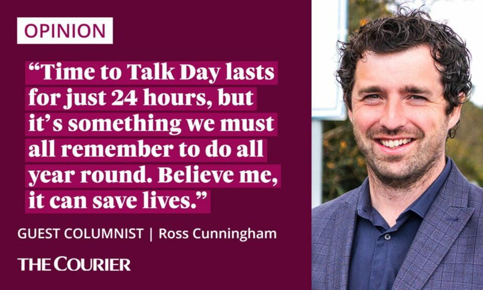 the writer Ross Cunningham next to a quote: "Time to Talk Day lasts for just 24 hours, but it’s something we must all remember to do all year round. Believe me, it can save lives."