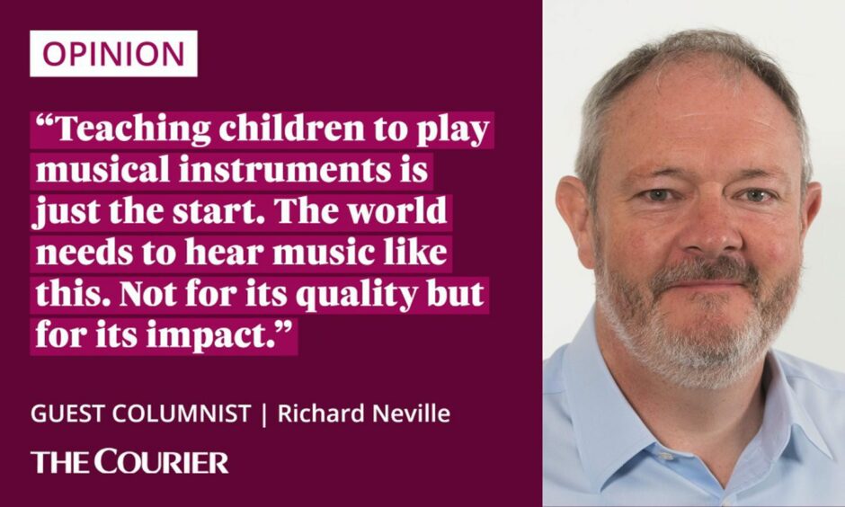 the writer Richard Neville next to a quote: "Teaching children to play musical instruments is just the start.  The world needs to hear music like this.  Not for its quality but for its impact."