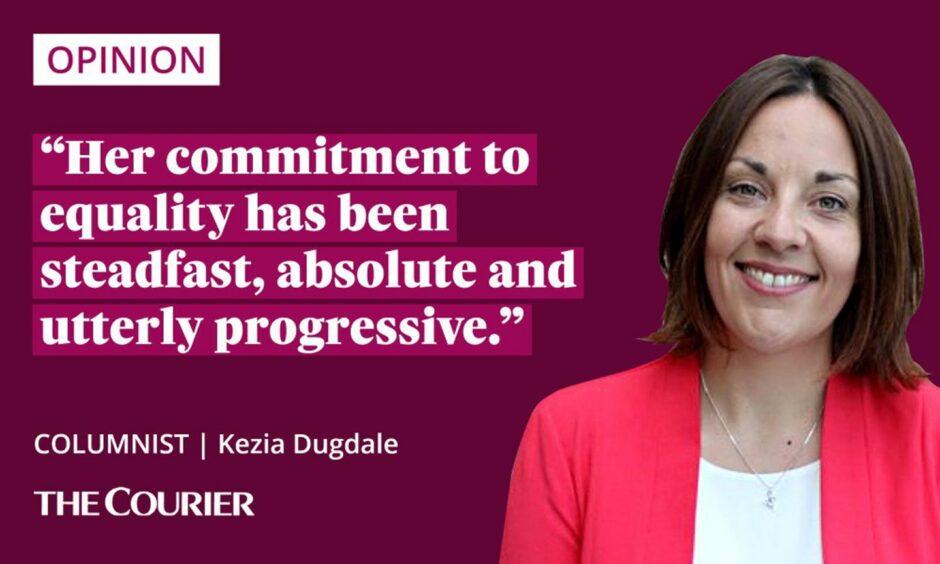 The writer Kezia Dugdale next to a quote: "Her commitment to equality has been steadfast, absolute and utterly progressive."