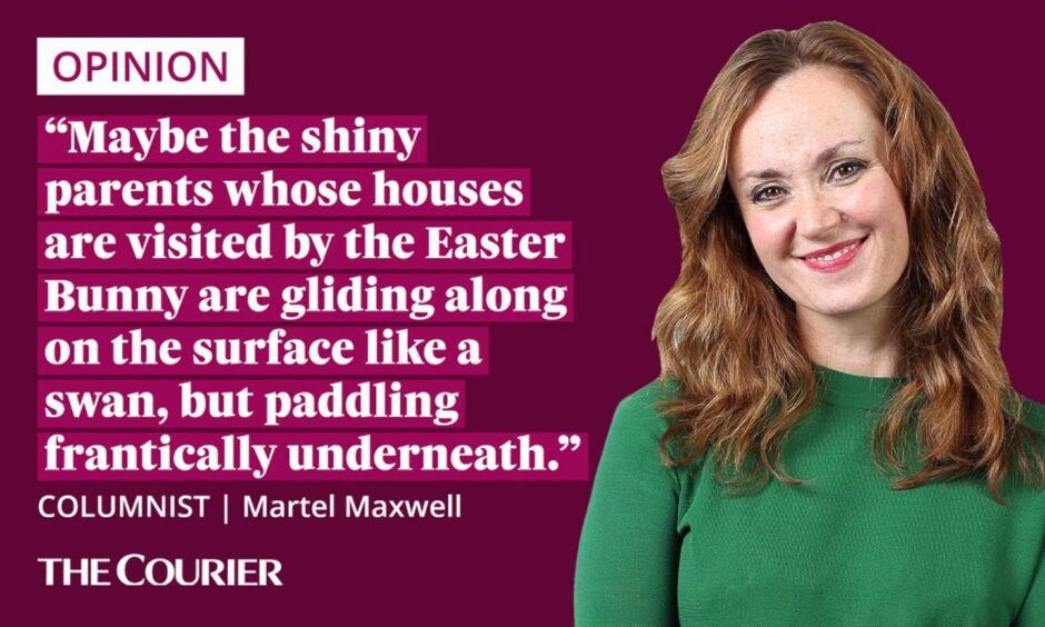The writer Martel Maxwell next to a quote; "Maybe the shiny parents whose houses are visited by the Easter Bunny are gliding along on the surface like a swan, but paddling frantically underneath"