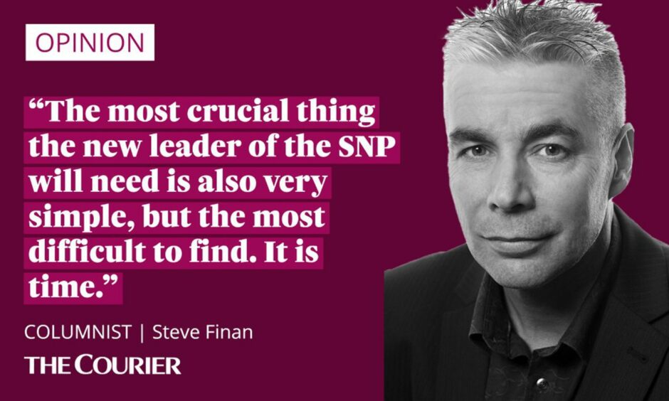 the writer Steve Finan next to a quote: "The most crucial thing the new leader of the SNPO will need is also very simple, but the most difficult to find. It is time."