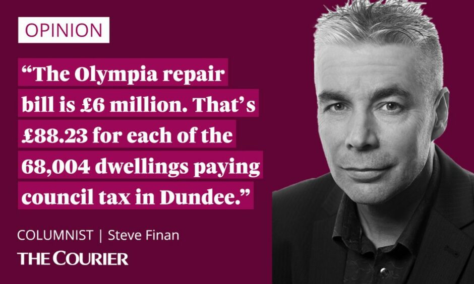 the writer Steve Finan next to a quote: "The Olympia repair bill is £6 million. That’s £88.23 for each of the 68,004 dwellings paying council tax in Dundee."