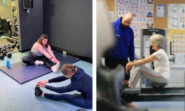 A picture of me taking a class and then a picture of a woman exercising in the gym in Dundee.