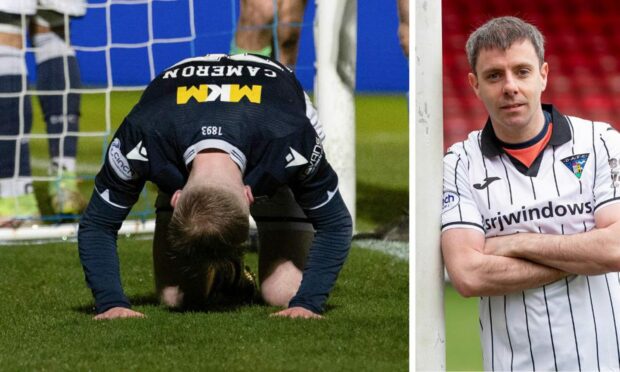 Dundee attacker Lyall Cameron rues a missed chance at Morton (left) while Paul McGowan has joined Dunfermline (right).