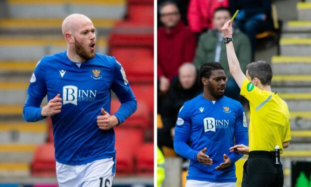 Zak Rudden has got his first St Johnstone goal and Dan Phillips his first red card. Images: SNS.