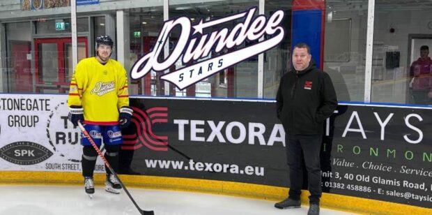 Former Dundee FC chief Harry MacLean is taking on a unique charity challenge with Dundee Stars. Here he is pictured with Stars forward Toms Rutkis.