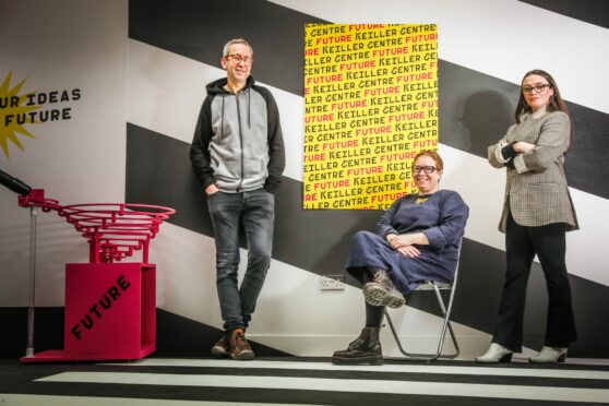 Designer Lyall Bruce, director of NEoN, Donna Holford-Lovell and director of the Federation Gallery, Kathryn Rattray, in the exhibition space. Image: Mhairi Edwards/DC Thomson.