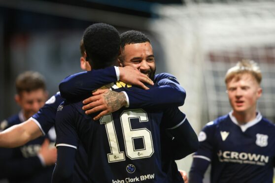 Dundee strike pairing Zach Robinson and Alex Jakubiak celebrate against Ayr. Image: David Young/Shutterstock.