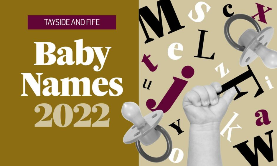 Tayside and Fife Baby Names 2022 image of letters and baby.