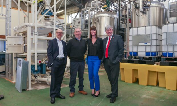 At the new CuanTec premises in Glenrothes, Paul Funnell (Scottish Enterprise), CuanTec plant manager Alan Findlay, Dorothy Smith (Fife Council) and Fife councillor Altany Craik. Image: InvestFife.