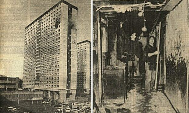 The damage caused to one of the flats by the fire in Butterburn Court in 1983. Image: DC Thomson.