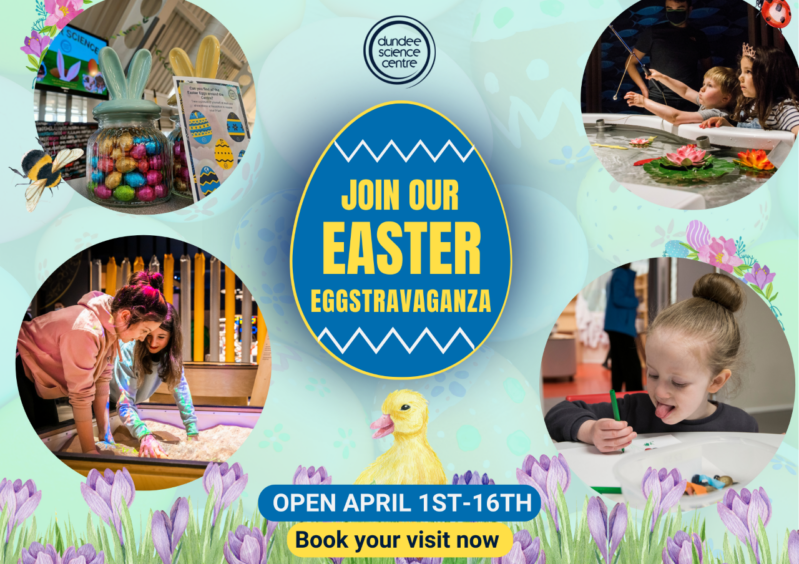 A photo of a poster for Dundee Science Centre's Easter activities